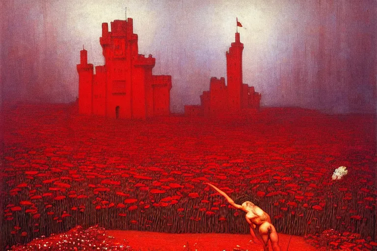 Image similar to only with red, red flowers of different types, a red tiger, a castle in the background, medieval demons dance over the flowers, an ancient path, in the style of beksinski, part by hopper, part by rodcenko, part by hofbauer, intricate composition, red by caravaggio, insanely quality, highly detailed, masterpiece, red light, artstation