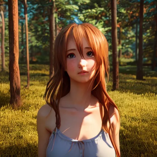 Image similar to Render of a very beautiful 3d anime girl, long hair, hazel eyes, cute freckles, full round face, short smile, cute sundress, golden hour, forest setting, medium shot, mid-shot, highly detailed, trending on Artstation, Unreal Engine 4k