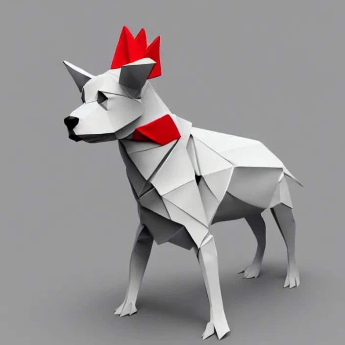 Image similar to low poly, isometric 3 d, white background, high definition, origami dog wearing a crown, hd, 4 k, 8 k