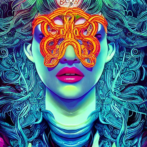 Image similar to the head of a ridiculously beautiful and pretty woman partially made of onion rings of all colors looking up, an ultrafine detailed illustration by james jean, final fantasy, intricate linework, bright colors, behance contest winner, vanitas, angular, altermodern, unreal engine 5 highly rendered, global illumination, radiant light, detailed and intricate environment