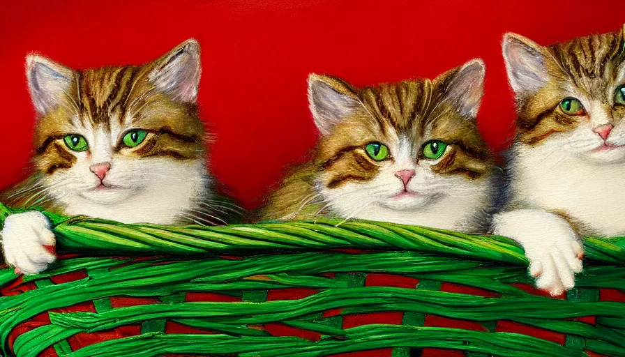 Prompt: highly detailed painting of green and red furry cats cuddling in a basket by william turner, thick brush strokes and visible paint layers, 4 k resolution