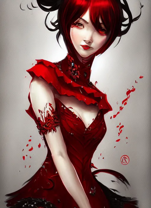 Prompt: a highly detailed illustration of hime cut black haired woman wearing red dress, dramatic smiling pose, intricate, elegant, highly detailed, centered, digital painting, artstation, concept art, smooth, sharp focus, league of legends concept art, wlop