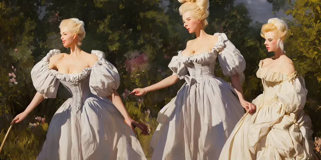 Prompt: three beautiful finnish scandinavian attractive glamour models as marie antoinette wearing 1 7 th century french off - the - shoulder neckline bodice walking in a field sunny day, jodhpurs greg manchess painting by sargent and leyendecker, studio ghibli fantasy close - up shot asymmetrical intricate elegant matte painting illustration hearthstone, by greg rutkowski by greg tocchini by james gilleard