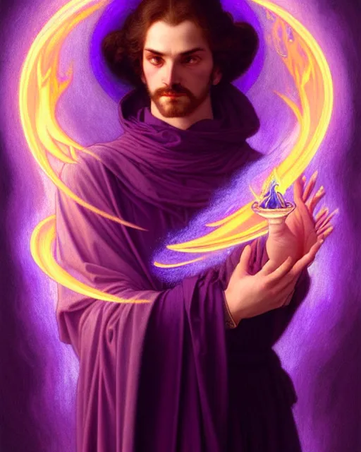 Prompt: violet fire, portrait of saint germain holding a violet colored flame, purple fire, intricate, elegant, highly detailed, digital painting, artstation, concept art, smooth, sharp focus, illustration, art by artgerm and greg rutkowski and fra angelico and alphons mucha