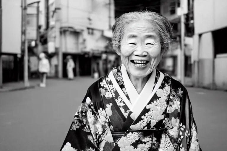 Image similar to still photo of a japanese old woman smiling at the camera wearing a kimono on a street, black and white color aesthetic, highly detailed, photorealistic portrait, bright studio setting, studio lighting, crisp quality and light reflections, unreal engine 5 quality render