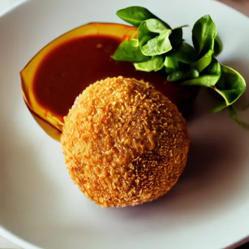 Prompt: scotch egg with ikea meatball gravy