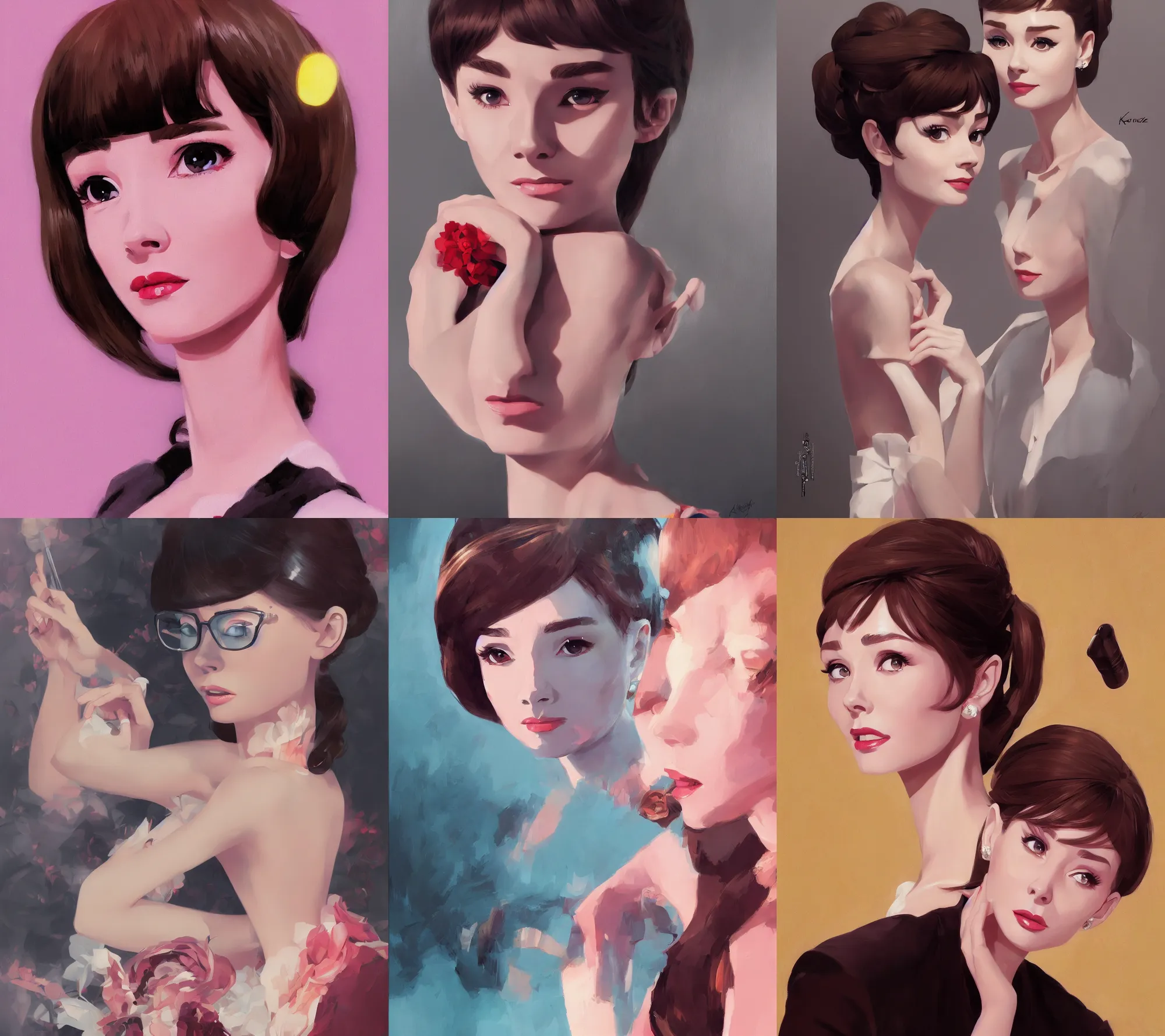 Prompt: a portrait of Audrey Hepburn, glamorous setting, vivid colors, soft lighting, atmospheric, cinematic, moody, in the style of Ilya Kuvshinov and Range Murata, Krenz Cushart, oil on canvas, 8k