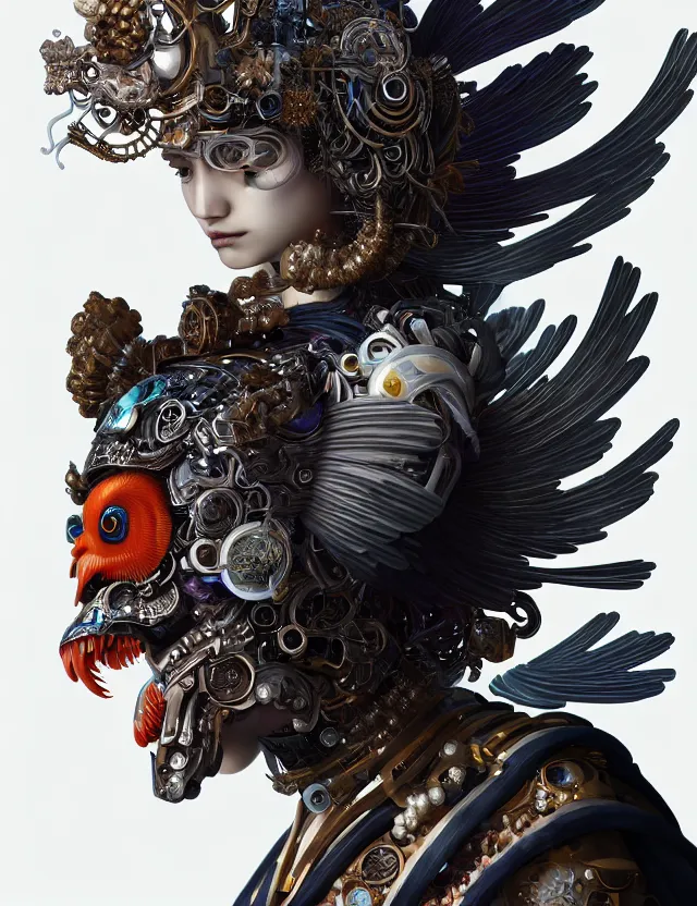 Image similar to 3 d goddess cyborg close - up profile portrait with ram skull. beautiful intricately detailed japanese crow kitsune mask and clasical japanese kimono. betta fish, jellyfish phoenix, bio luminescent, plasma, ice, water, wind, creature, artwork by tooth wu and wlop and beeple and greg rutkowski