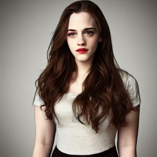 Image similar to a woman who is a genetic combination of kat dennings and emma watson face and upper - body focus