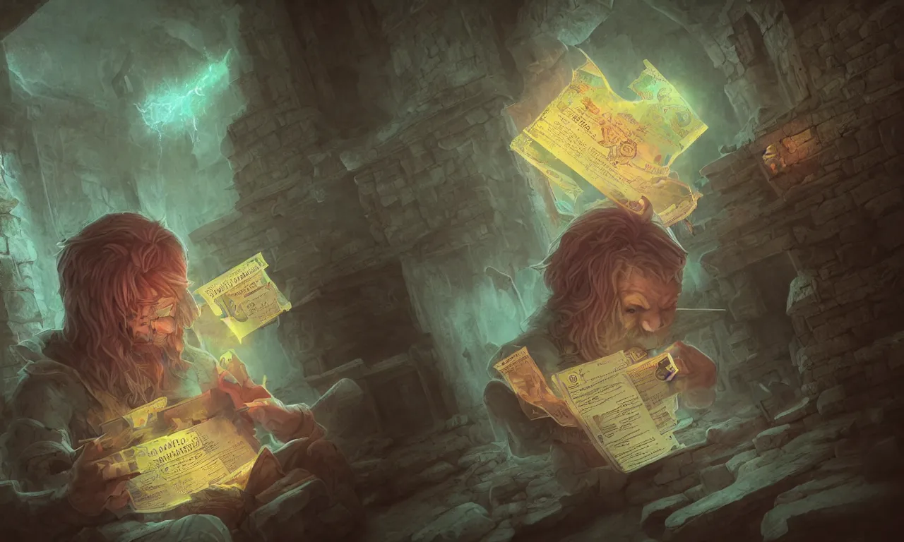 Image similar to kerberos realm, faked ticket close up, wizard reading a directory, nordic pastel colors, abandoned ruins, 3 d art, digital illustration, perfect lighting