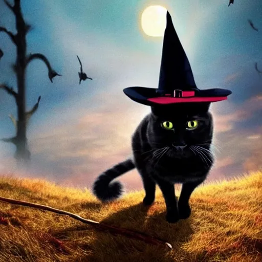 Image similar to beautiful artistic work of art realistic cinematic masterpiece where a cat comes out with a witch hat