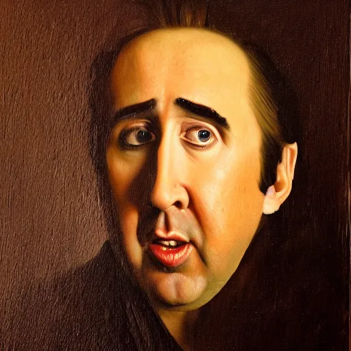 Prompt: highly detailed oil painting of nicolas cage inside of a banana, 4 k, in the style of caravaggio and dali