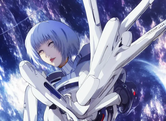 Image similar to This is a digital art piece by Yoshiyuki Sadamoto that is trending on artstation. It is a 8K UHD image of Rei Ayanami, a female anime character, inside a space station with technological rings. She is shot from the ground by Yoshiyuki Sadamoto. The environment is a concept design and the art is hyper realistic with intricate details.