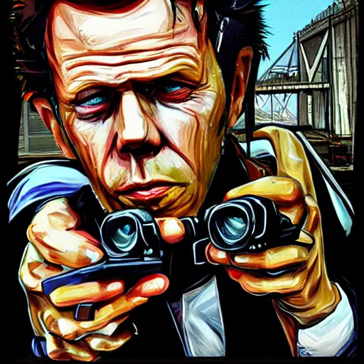Prompt: tom waits in the style of Grand Theft Auto, by Stephen Bliss