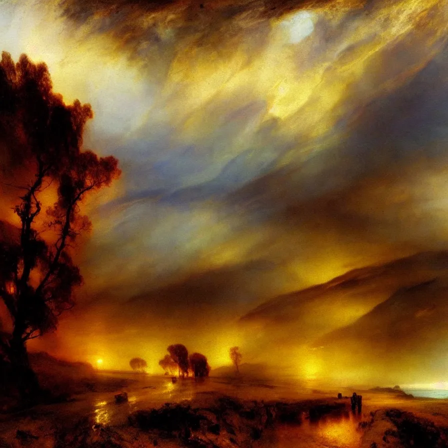 Image similar to atmospheric artwork about a highway to the horizon, painted by thomas moran. earthly tones.