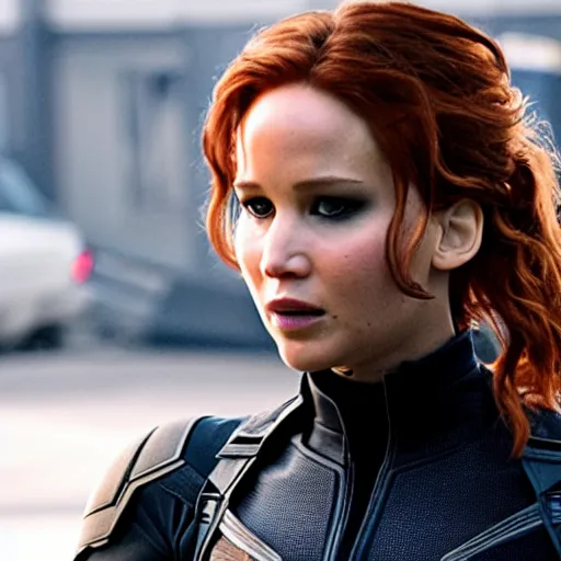 Prompt: A still of Jennifer Lawrence as Black Widow