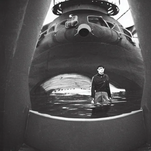 Prompt: A fearful man watching out the porthole of his submarine as something gazes back from the black abyss