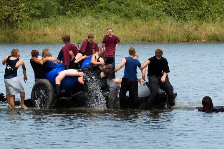 Image similar to Group of teenagers push rolls roys into lake