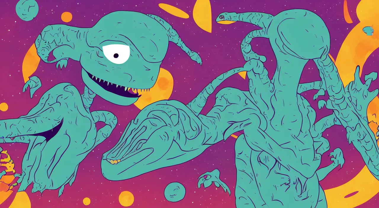 Prompt: an alien dinosaur in the style of kurzgesagt