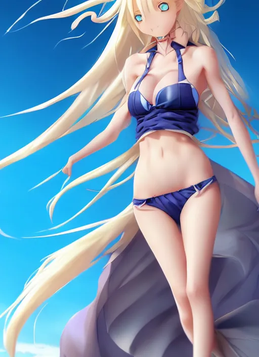 Prompt: a very beautiful young anime giantess with her tiny dad, full body, long wavy blond hair, sky blue eyes, full round face, evil grin, bikini, miniskirt, front view, mid - shot, highly detailed, cinematic wallpaper by stanley artgerm lau