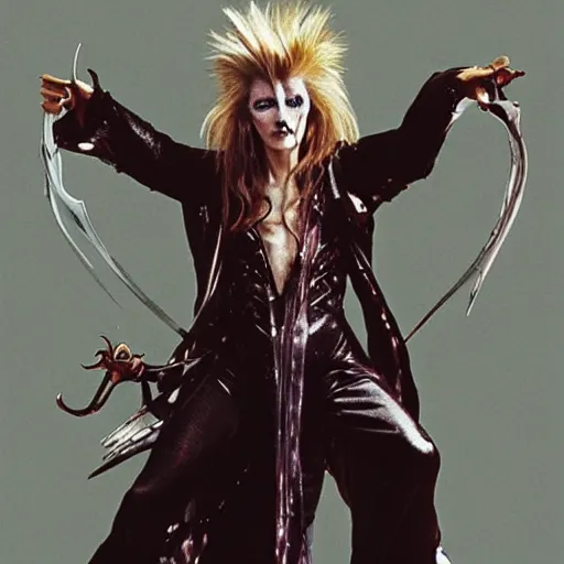 Prompt: David Bowie as the Goblin King from the movie Labyrinth (1986) but he's dressed like a Ninja with a Ninja mask and very big 80's glamrock hair, intricate, highly detailed, fullbody, artstation, concept art, smooth, sharp focus, illustration, art by greg rutkowski and orientalism and bouguereau and Zdzislaw Beksinski, good clear quality, lighting, biology, symmetrical artwork, perfect face, 135 mm, cinematic, hyper realism, high detail, octane render, 8k, chrome accents