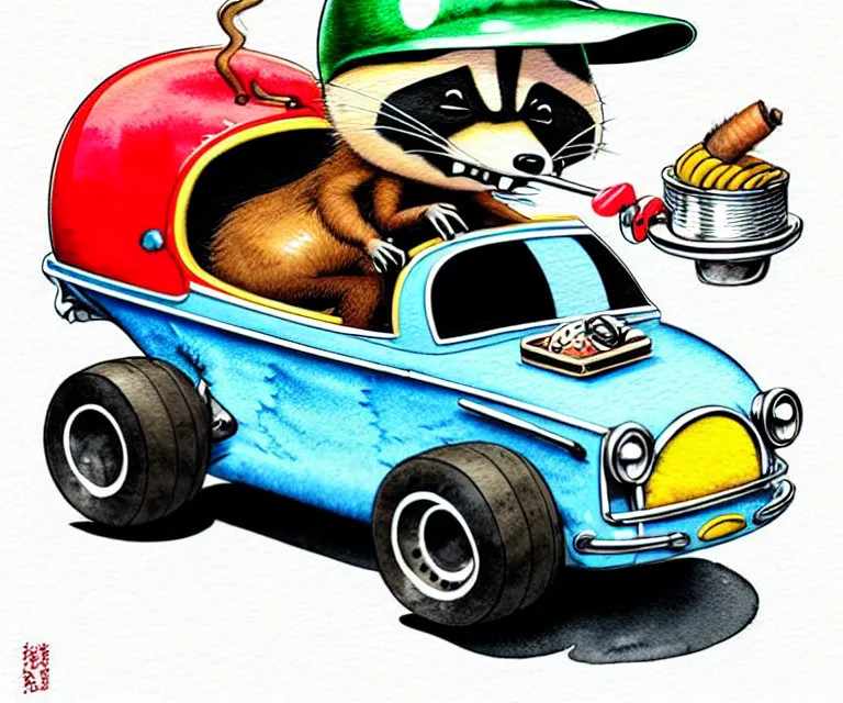 Image similar to cute and funny, racoon smoking cigar wearing a helmet riding in a tiny hot rod coupe with oversized engine, ratfink style by ed roth, centered award winning watercolor pen illustration, isometric illustration by chihiro iwasaki, edited by range murata