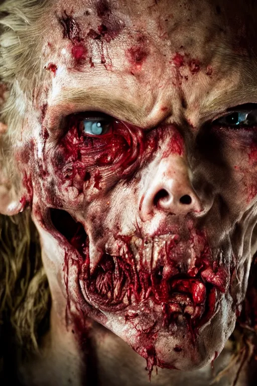 Prompt: up close photograph of a real - life zombie from the tv show the walking dead skin and jaw, studio camera shot on a red 5, award winning vfx and cinematography