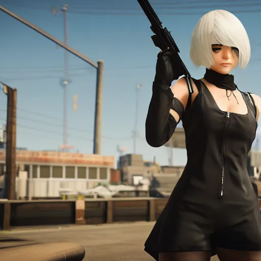 Image similar to 2B from Nier Automata pointing a gun in GTA 5 loading screen, art station, trending, editor’s pickup, cinematic lighting, 4k,