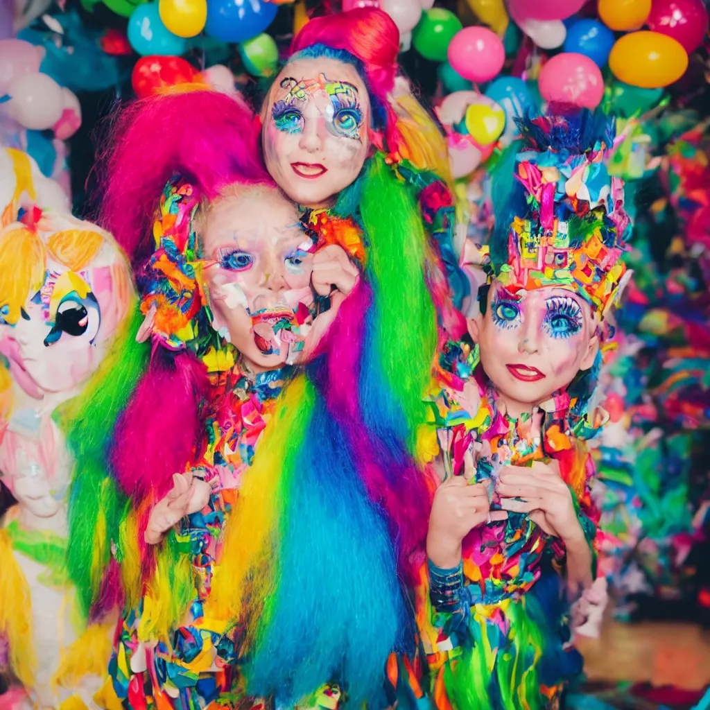 Image similar to a funny humanoid with big colorful hair wearing exaggerated makeup and colorful oversized garments, full body portrait, at a child's birthday party, polaroid