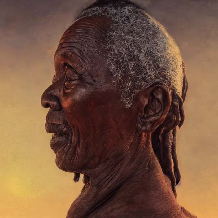 Image similar to a painting of a wise elder from Kenya. dramatic angle, ethereal lights, details, smooth, sharp focus, illustration, realistic, cinematic, artstation, award winning, rgb , unreal engine, octane render, cinematic light, macro, depth of field, blur, red light and clouds from the back, highly detailed epic cinematic concept art CG render made in Maya, Blender and Photoshop, octane render, excellent composition, dynamic dramatic cinematic lighting, aesthetic, very inspirational, arthouse.