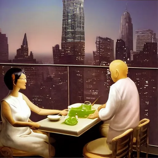 Image similar to cgi jade by michael sowa, by kazuki takamatsu. the art installation shows four people sitting in a diner late at night. the people in the art installation look tired & lonely. the art installation is set in new york city & shows the city's skyline in the background.