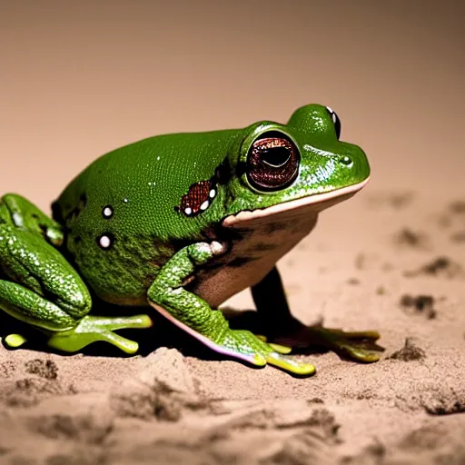 Prompt: surreal photography of a rare military frog equipped with rocket launcher and night vision target acquisition system