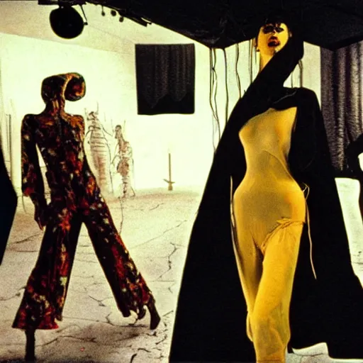 Image similar to 3 5 mm color photography, joel - peter witkin, beksinski, and stephen gammell, vogue shoot video still of giallo fashion show