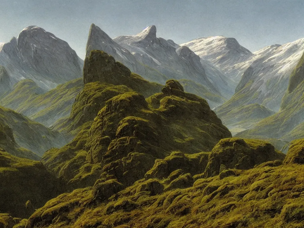 Prompt: a painting of a majestic mountainous landscape in norway in spring by caspar david friedrich, high detail,