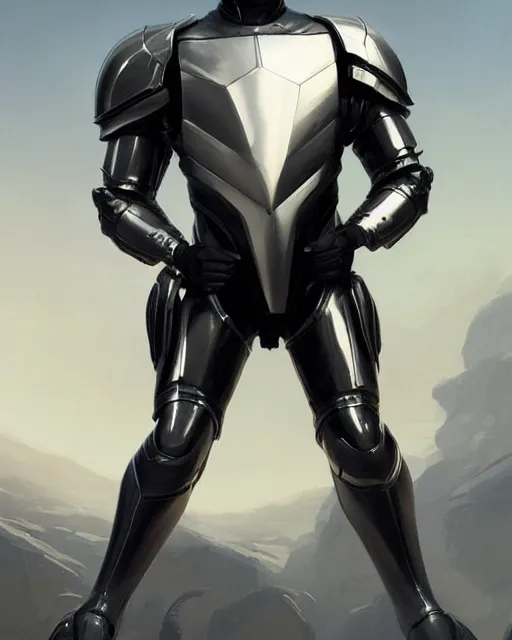 Prompt: iridescent wiry muscular male sleek glossy black pearlescent scifi armor with smooth black featureless helmet, by greg rutkowski and mark brookes and jim burns and tom bagshaw and magali villeneuve, trending on artstation