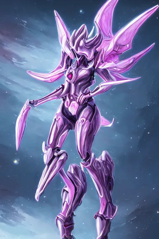 Image similar to galactic sized detailed elegant beautiful stunning quality giantess saryn prime warframe anthro mecha female dragon goddess, pink body, sleek metal head, sleek visor, smooth pink skin, sleek silver armor, bigger than galaxy, sharp paws, epic proportions, epic scale, epic size, warframe fanart, furry, dragon art, goddess, giantess, furaffinity, octane