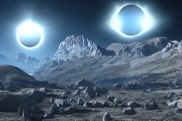 Prompt: surreal nuclear blast eclipse, rocky mountains, highly detailed, photorealistic shot, bright studio setting, studio lighting, crisp quality and light reflections, unreal engine 5, quality render