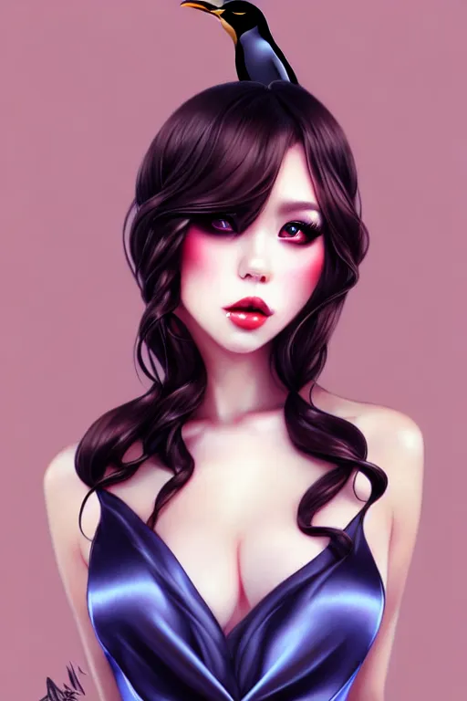 Prompt: Beautiful alluring penguin portrait in satin dress by Artgerm and WLOP, Pixiv