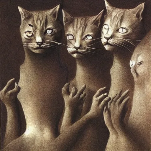 Prompt: a group of cats playing with human heads, drawing by zdzislaw beksinski