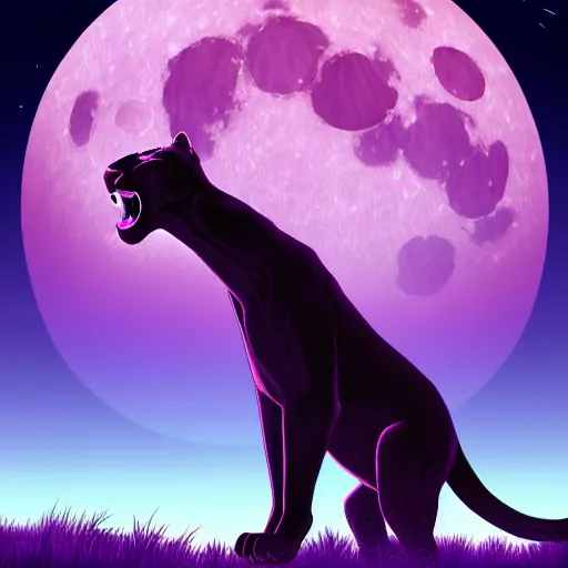 Image similar to digital painting of a large purple colored panther roaring at night. large moon in the center of the background. digital drawing, illustration, 4 k, render, matte, highly detailed, artstation, realistic, dramatic, darkness, moon.