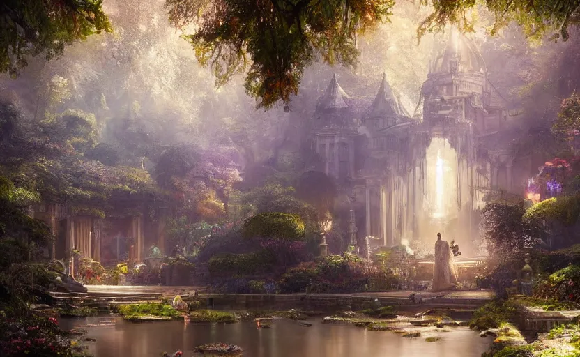 Image similar to Beautiful eden garden, next to a haven and a mystical palace, intricate, elegant, volumetric lighting, digital painting, highly detailed, artstation, sharp focus, illustration, concept art, ruan jia, steve mccurry