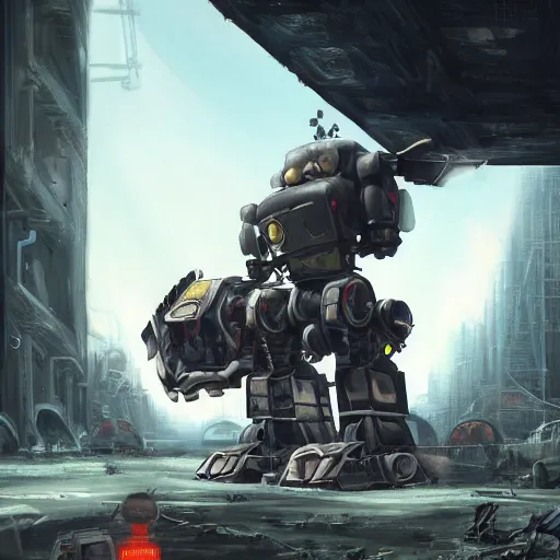 Prompt: Huge mecha robot abandoned under a bridge shaped like spongebob. rusting, apocalyptic dystopia. unreal engine, 4k, trending on artstation, digital painting, highly detailed