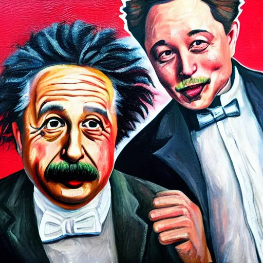 Prompt: Albert Einstein and Elon Musk fistfighting, oil painting