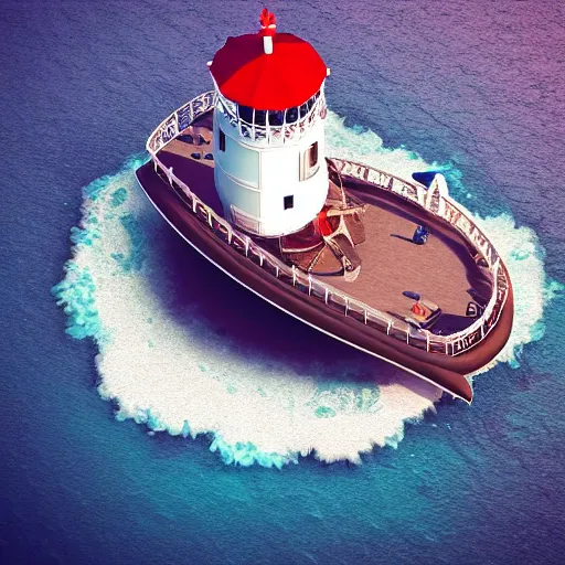 Prompt: “ pirate ship in caribbean sea. to the right of the image a lighthouse. birds eye view. hyperrealistic. 3 d render. ”