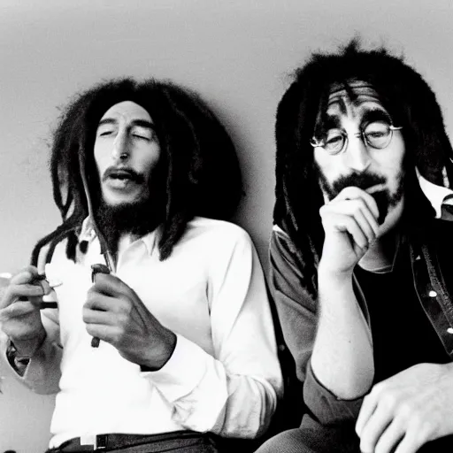 Image similar to john lennon smoking a joint with bob Marley, photograph by Willy Spiller, 1970s