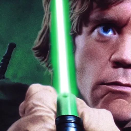 Prompt: Luke Skywalker holding his green lightsaber and looking concerned