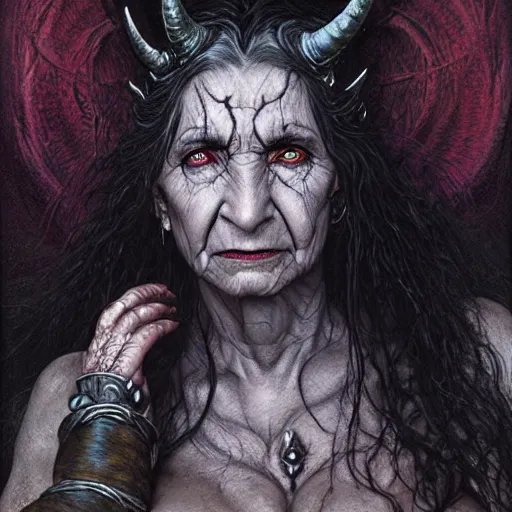 Image similar to head and shoulders portrait of an evil, black - skinned, horned night hag portrayed by olympia dukakis, d & d, fantasy, luis royo, magali villeneuve, donato giancola, wlop, krenz cushart