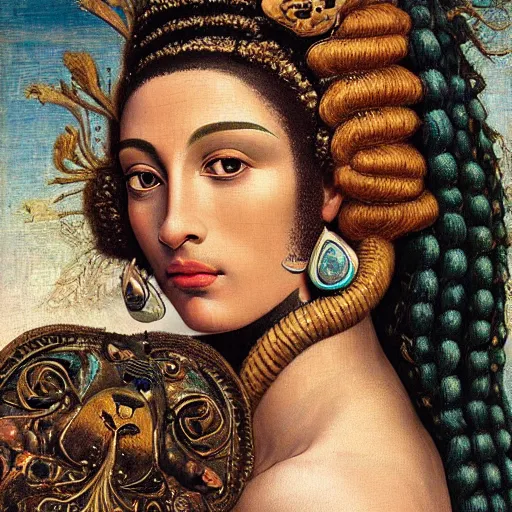 Prompt: intricate detail, hyper detail, nefertiti, african sybil, lady of elche techno mystic princess intergalactica, wearing labradorite body armor, hazel green eyes, teal eyebrows, with light honey brown aqua rapunzel dreadlocks, detailed, by sandro botticelli, gaston bussiere, h. r. giger, masterpiece, sharp focus,