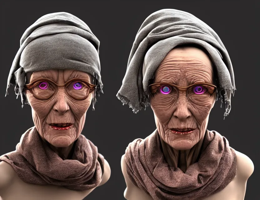 Prompt: cinematic bust portrait of robo! - cyborg!! granny, a scarf tied on the head, by jean giraud, trending artstaition, 3 d, unreal engine