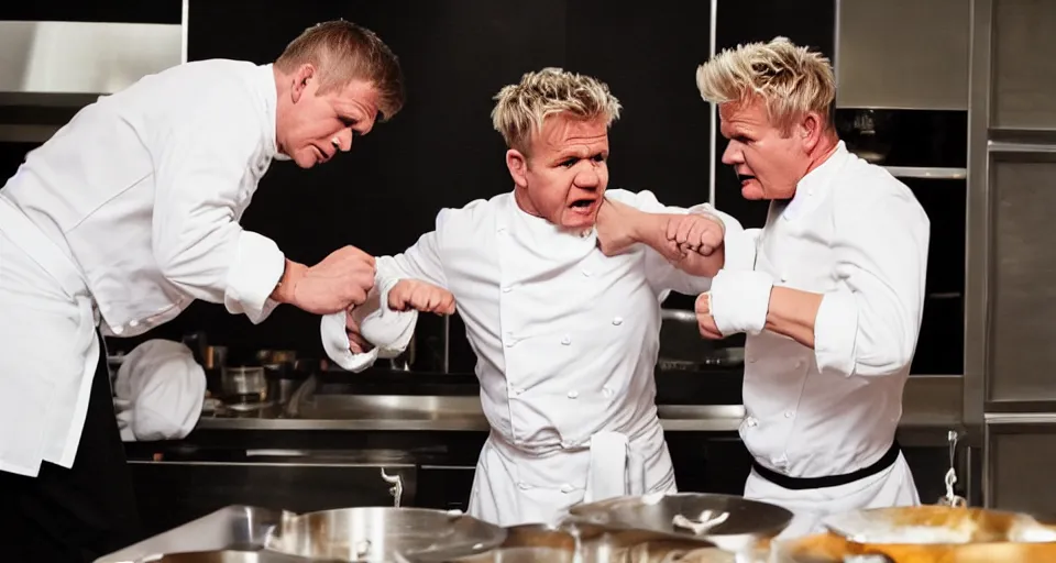 Image similar to photo of angry furious Gordon Ramsay punching Gordon Ramsay at the kitchen